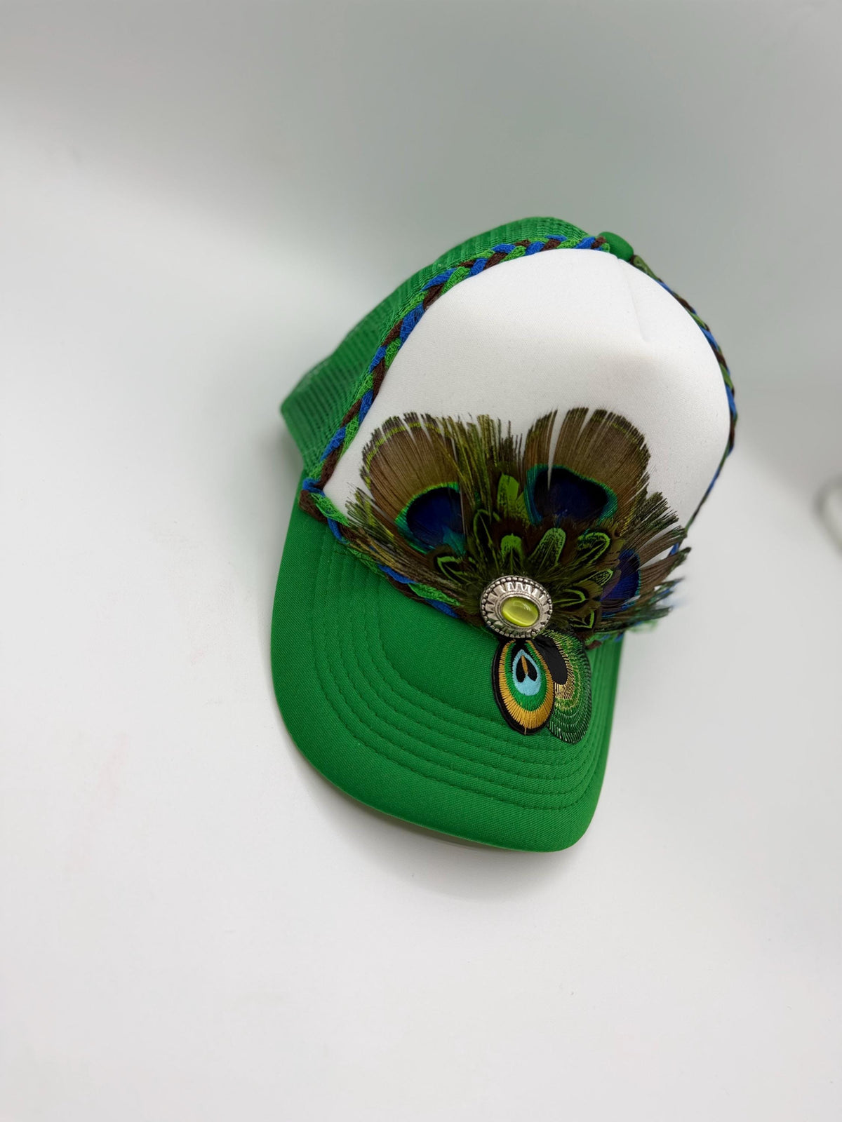 Handmade Peacock Feather Trucker Hat with Jeweled Accents, Statement Cap, Adjustable Mesh Hat
