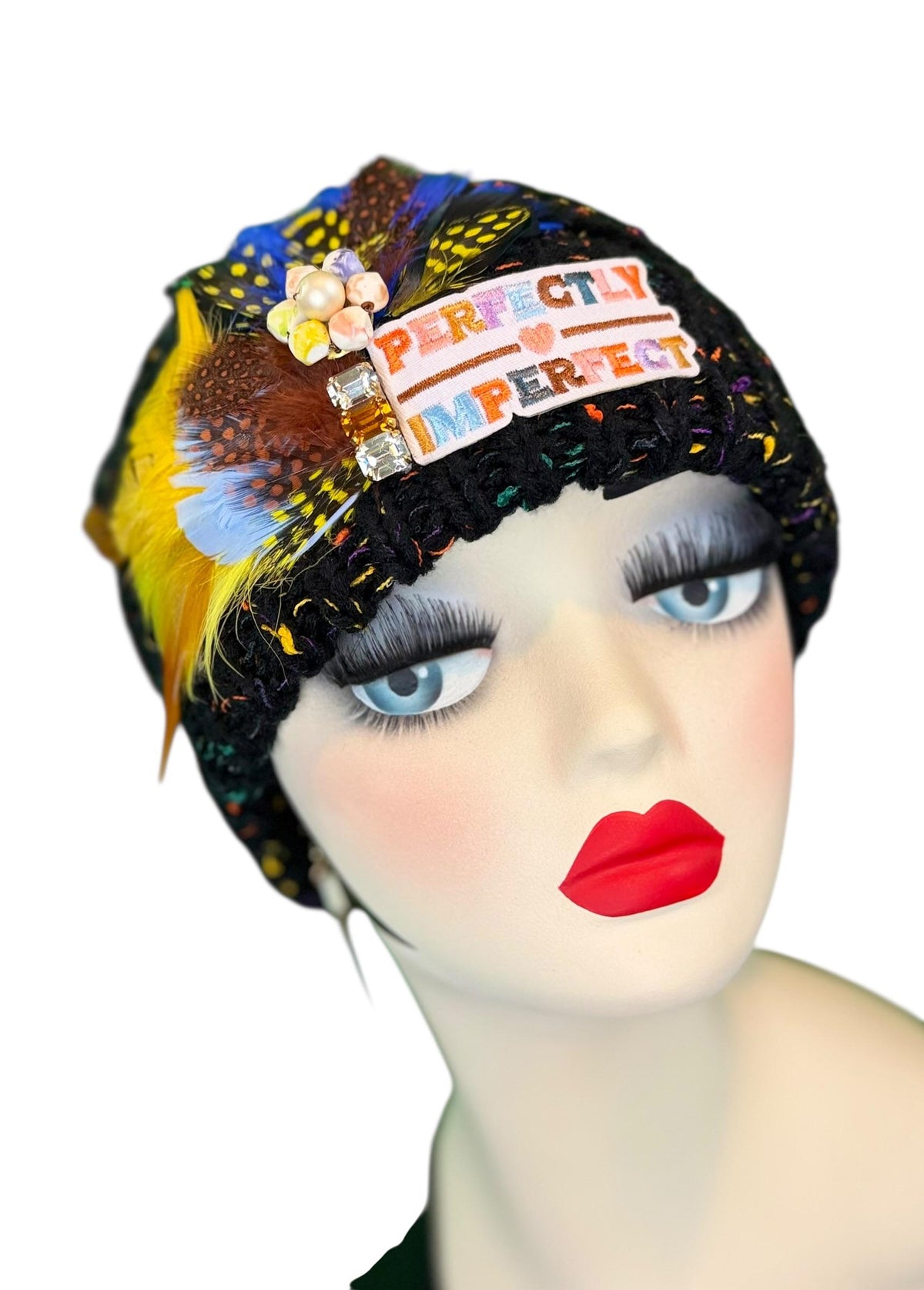 Perfectly Imperfect Patchwork - Feather Trimmed & Jeweled - All Season’s Beanie
