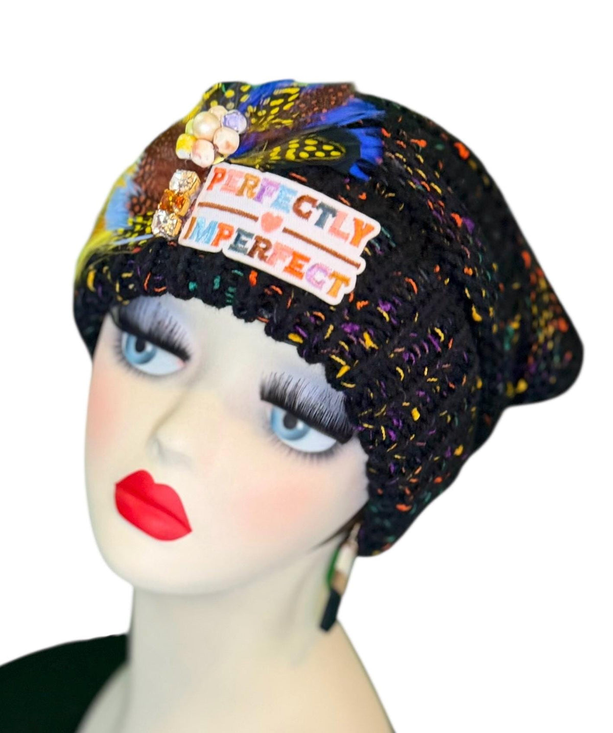Perfectly Imperfect Patchwork - Feather Trimmed & Jeweled - All Season’s Beanie