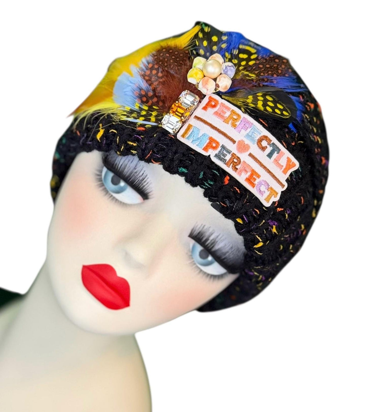 Perfectly Imperfect Patchwork - Feather Trimmed & Jeweled - All Season’s Beanie