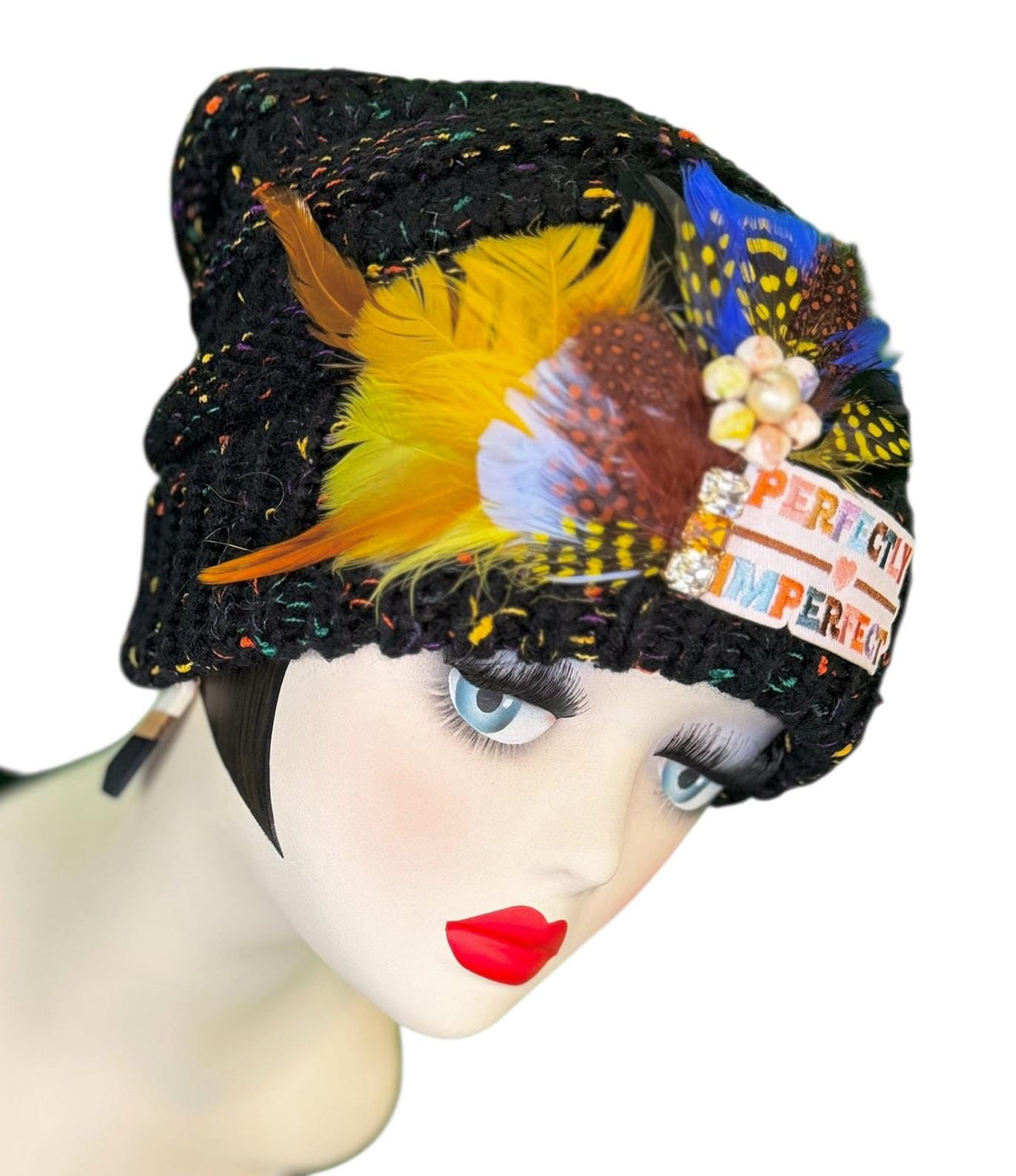 Perfectly Imperfect Patchwork - Feather Trimmed & Jeweled - All Season’s Beanie