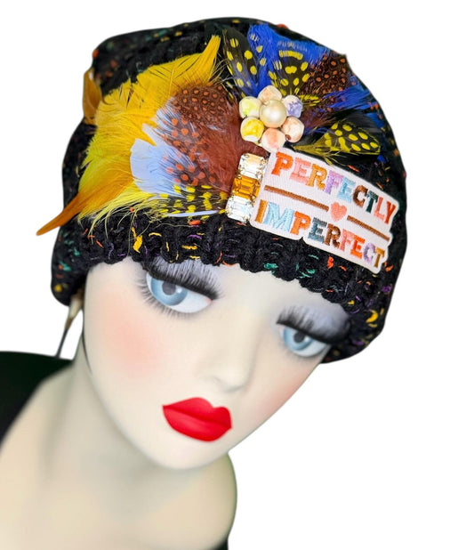 Perfectly Imperfect Patchwork - Feather Trimmed & Jeweled - All Season’s Beanie