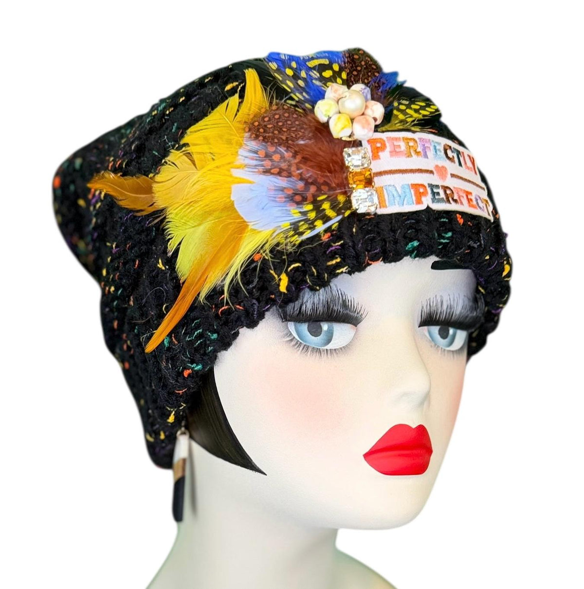 Perfectly Imperfect Patchwork - Feather Trimmed & Jeweled - All Season’s Beanie