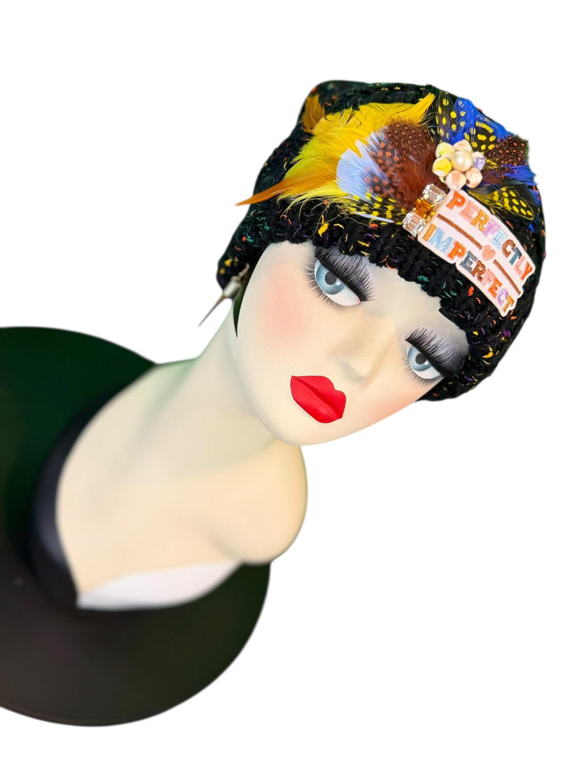 Perfectly Imperfect Patchwork - Feather Trimmed & Jeweled - All Season’s Beanie