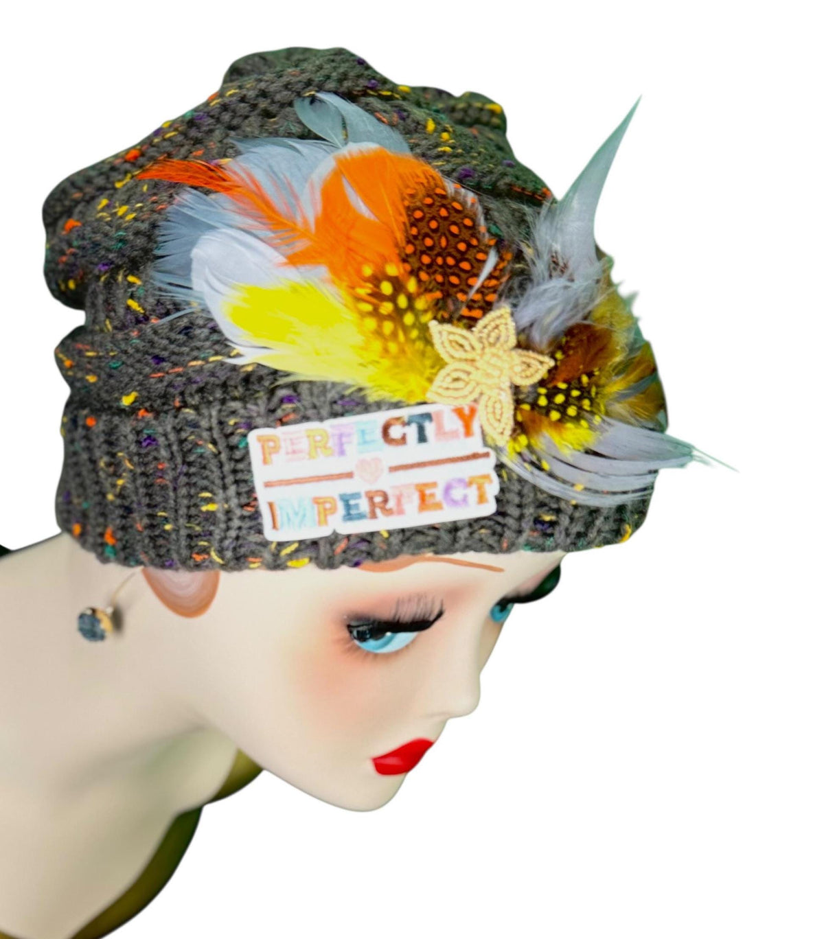Perfectly Imperfect Patchwork - Feather Trimmed & Jeweled - All Season’s Beanie