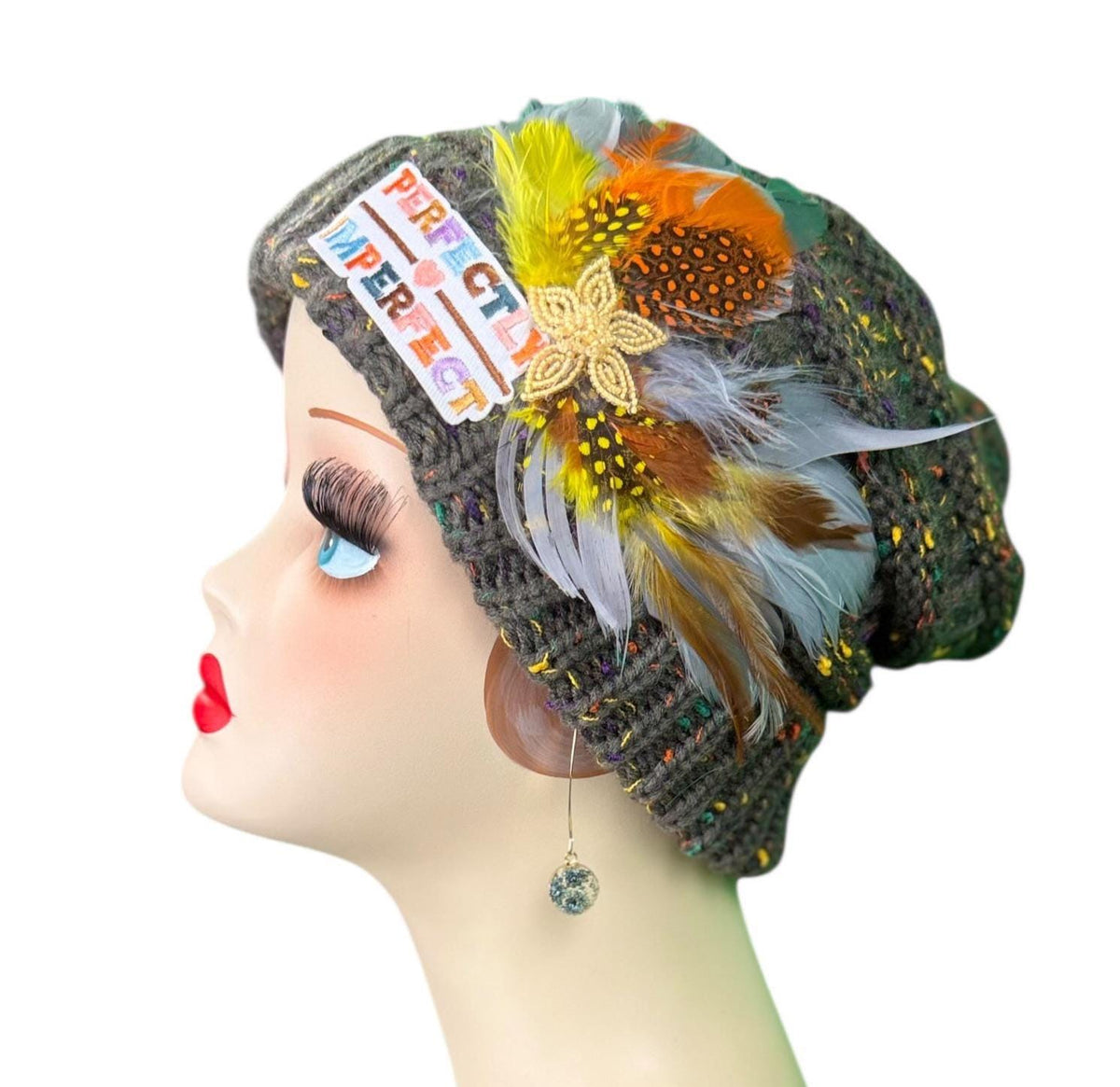 Perfectly Imperfect Patchwork - Feather Trimmed & Jeweled - All Season’s Beanie