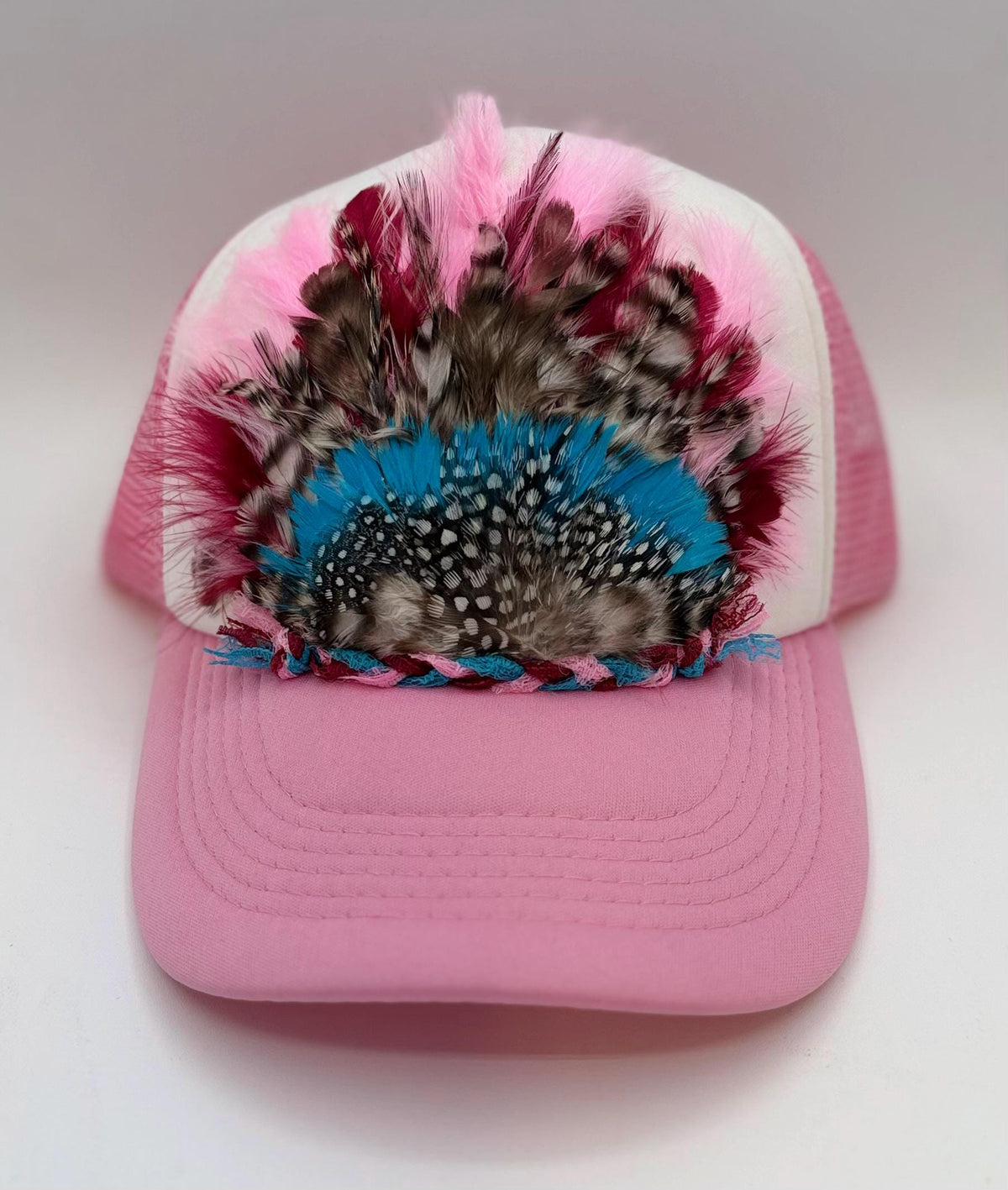 Handmade Feather Trucker Hat with Jeweled Accents, Statement Cap, Adjustable Mesh Hat