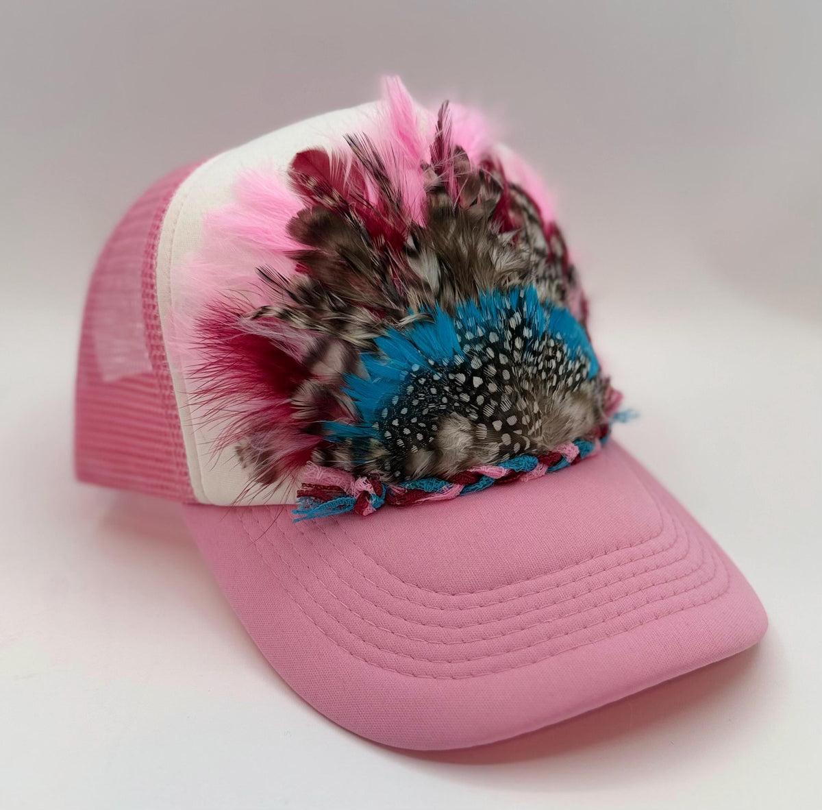 Handmade Feather Trucker Hat with Jeweled Accents, Statement Cap, Adjustable Mesh Hat