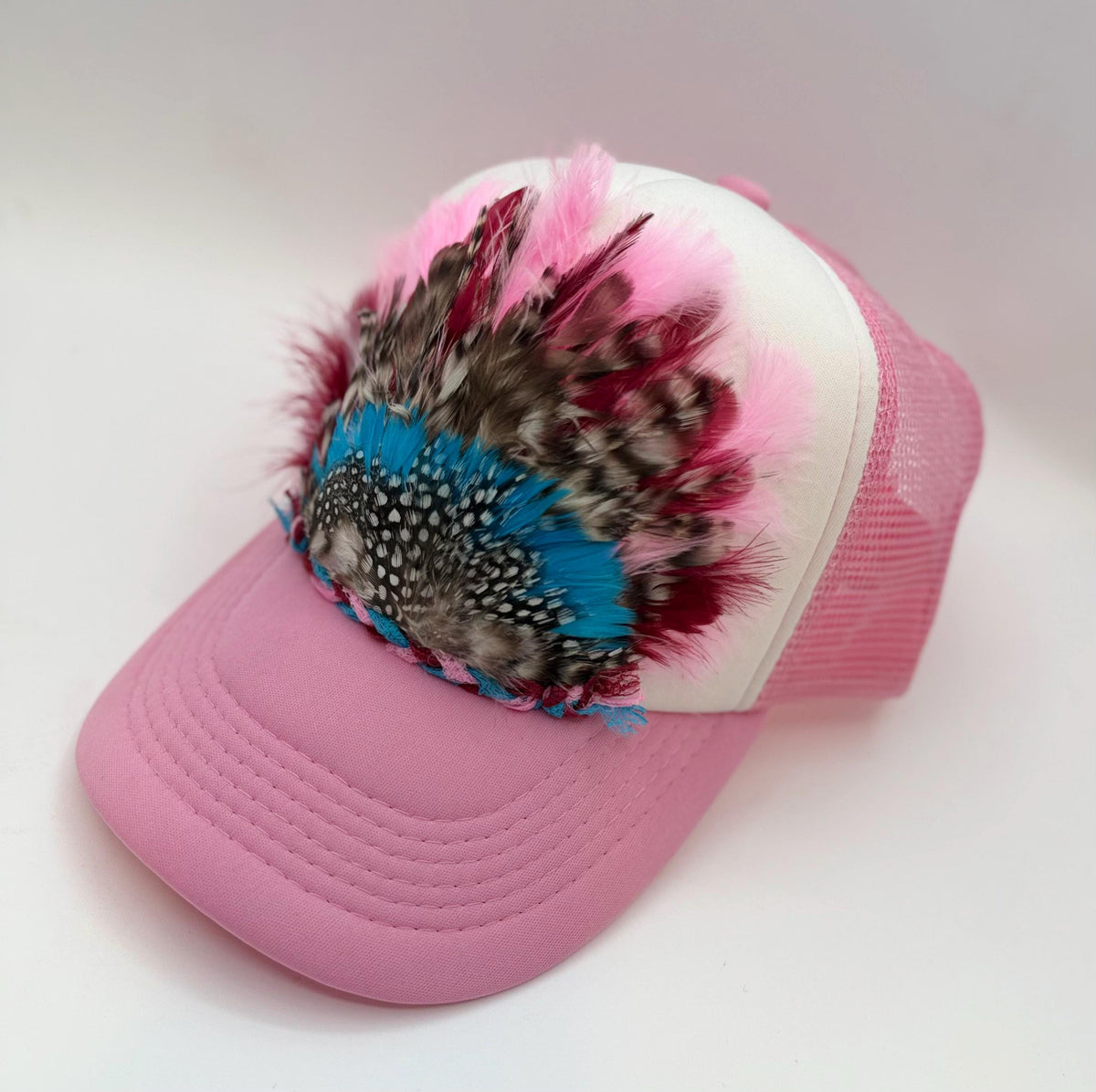 Handmade Feather Trucker Hat with Jeweled Accents, Statement Cap, Adjustable Mesh Hat