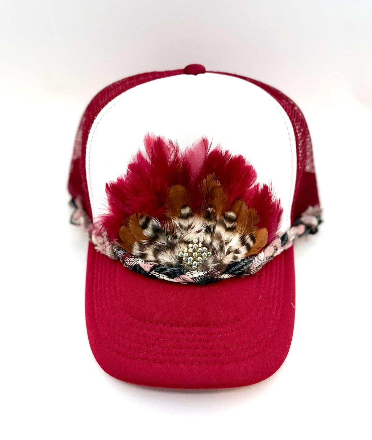 Handmade Feather Trucker Hat with Jeweled Accents, Statement Cap, Adjustable Mesh Hat