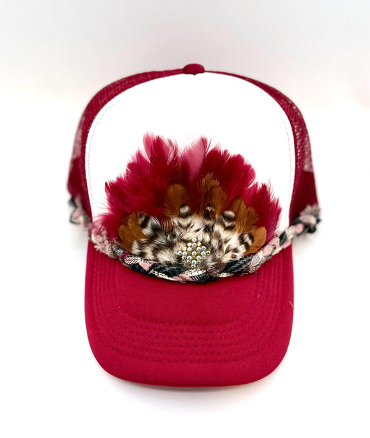 Handmade Feather Trucker Hat with Jeweled Accents, Statement Cap, Adjustable Mesh Hat
