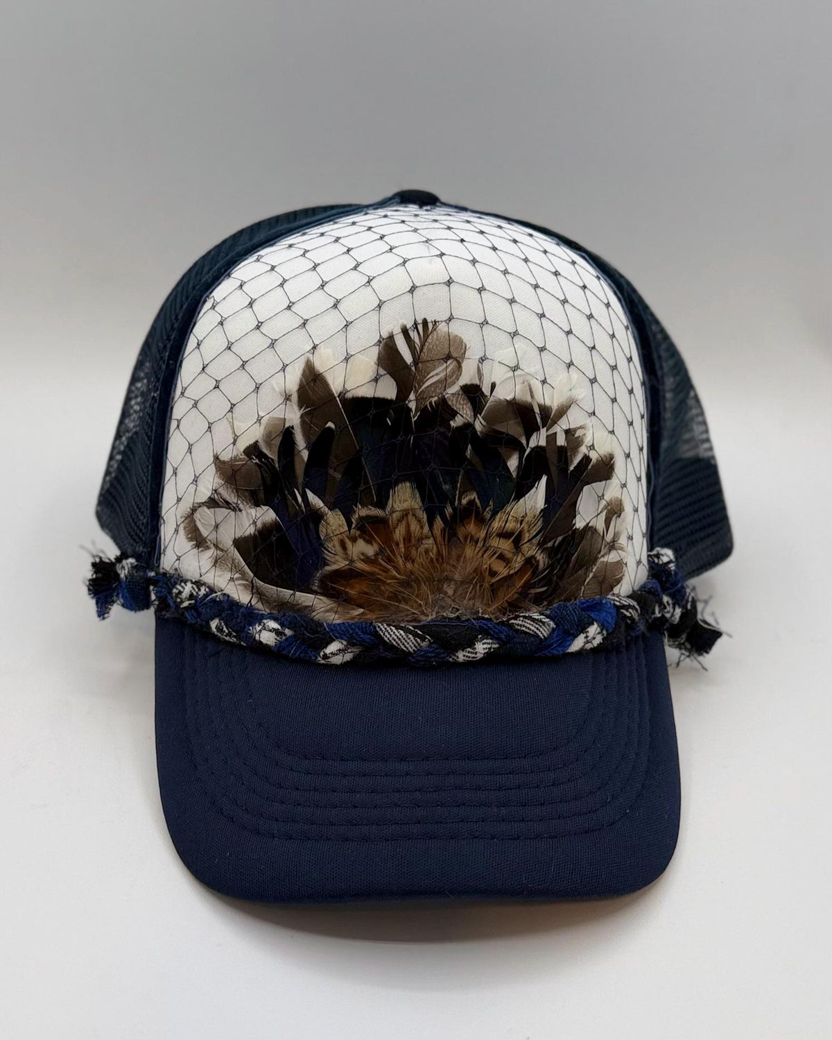 Handmade Feather Trucker Hat with Jeweled Accents, Statement Cap, Adjustable Mesh Hat