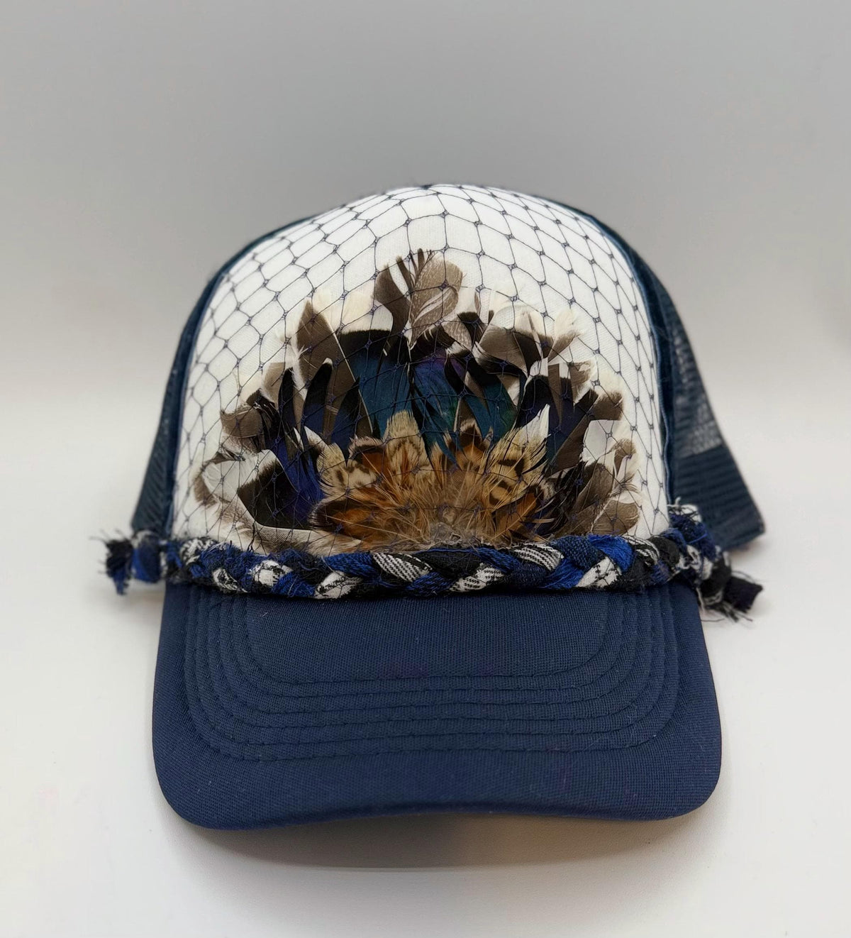 Handmade Feather Trucker Hat with Jeweled Accents, Statement Cap, Adjustable Mesh Hat