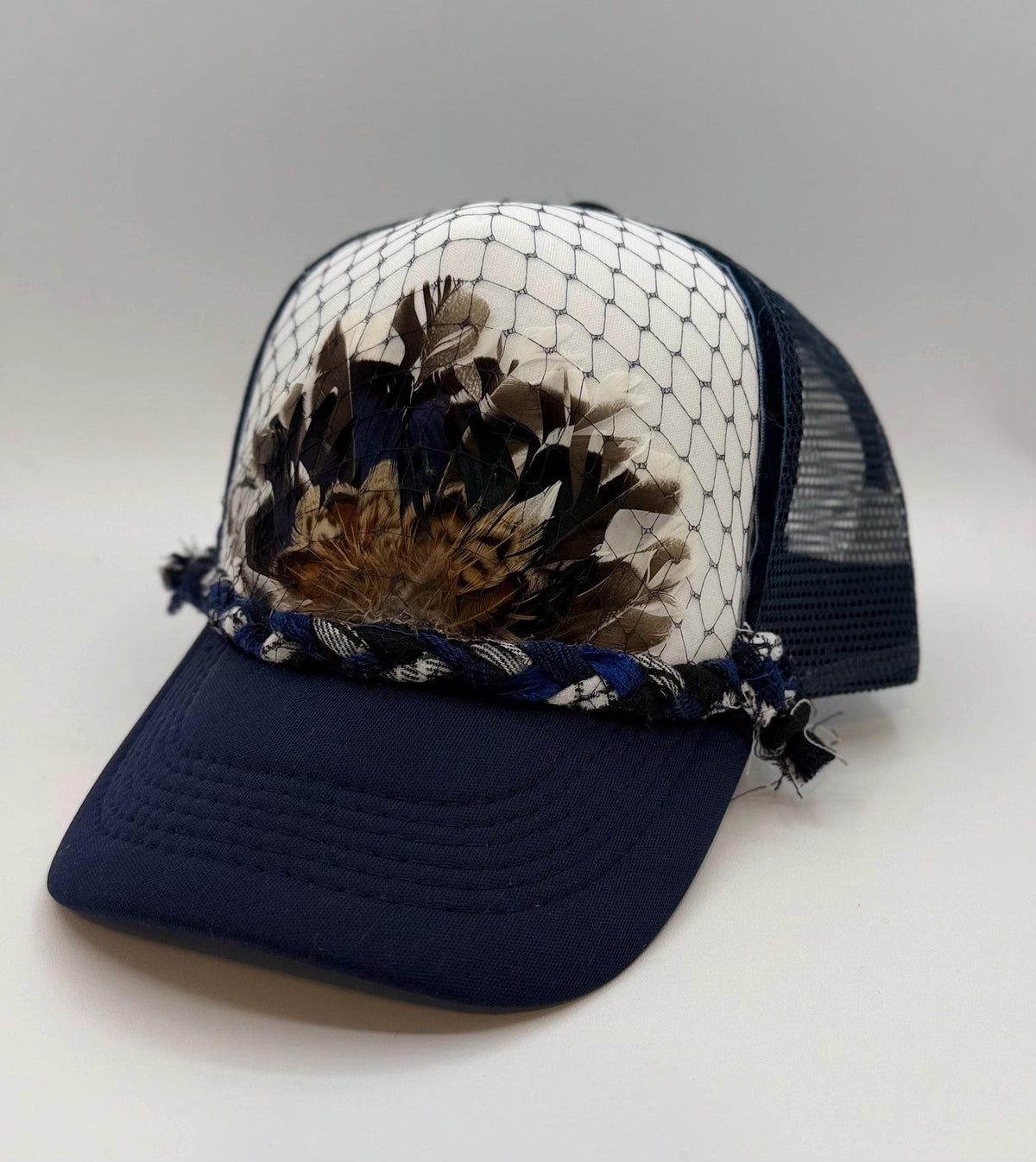Handmade Feather Trucker Hat with Jeweled Accents, Statement Cap, Adjustable Mesh Hat