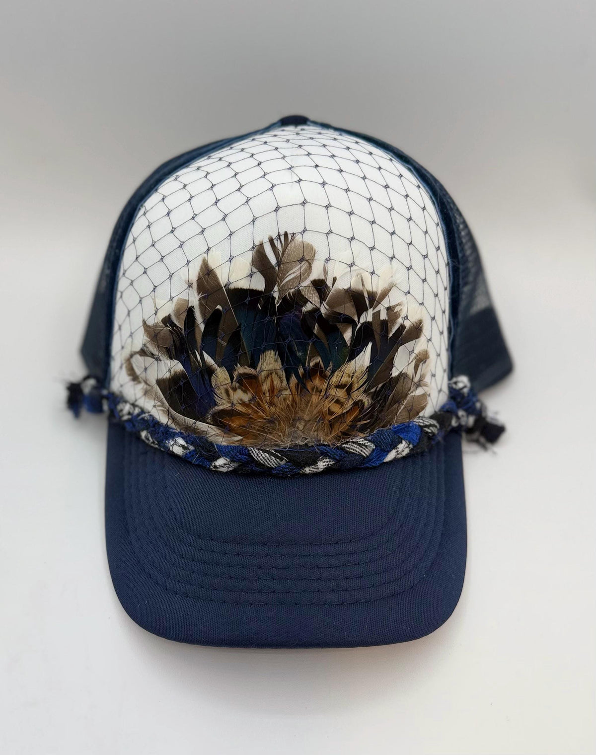 Handmade Feather Trucker Hat with Jeweled Accents, Statement Cap, Adjustable Mesh Hat