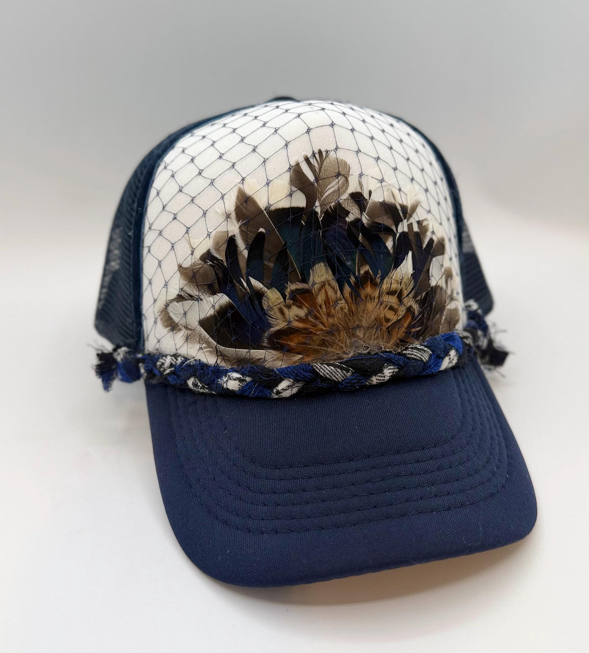 Handmade Feather Trucker Hat with Jeweled Accents, Statement Cap, Adjustable Mesh Hat