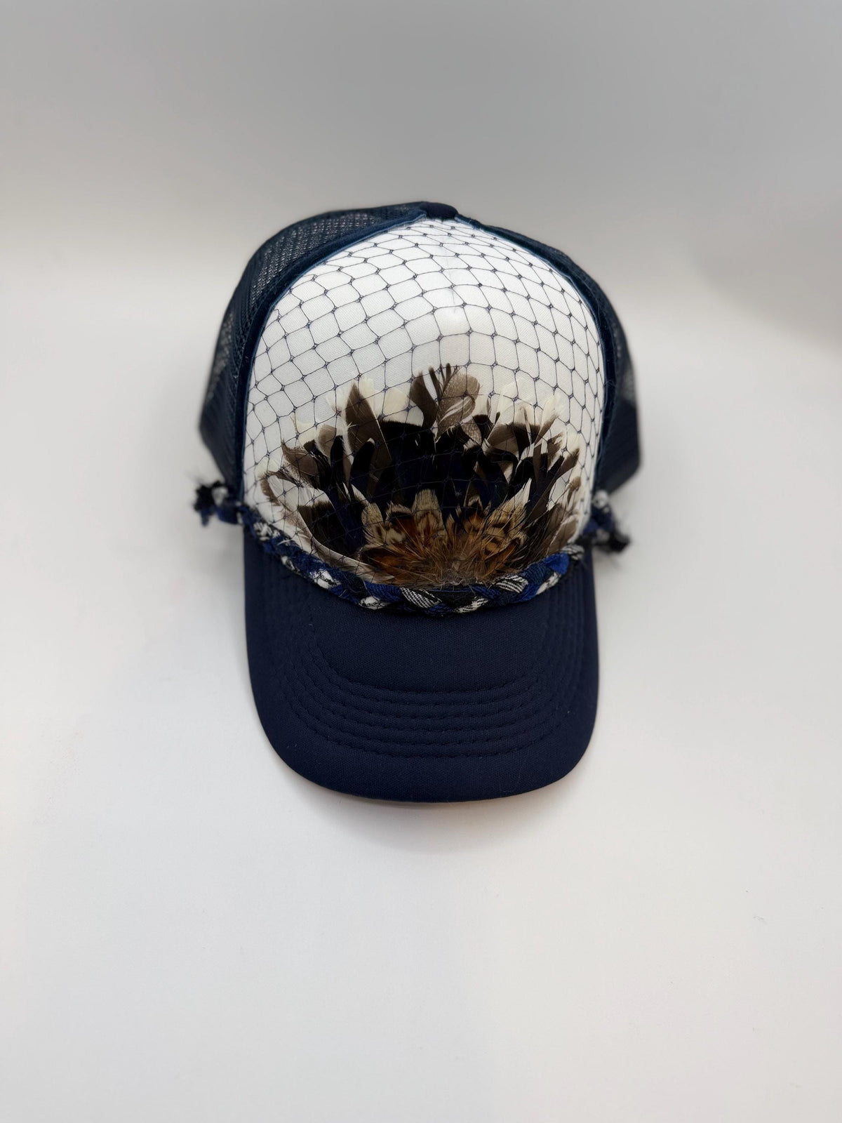 Handmade Feather Trucker Hat with Jeweled Accents, Statement Cap, Adjustable Mesh Hat
