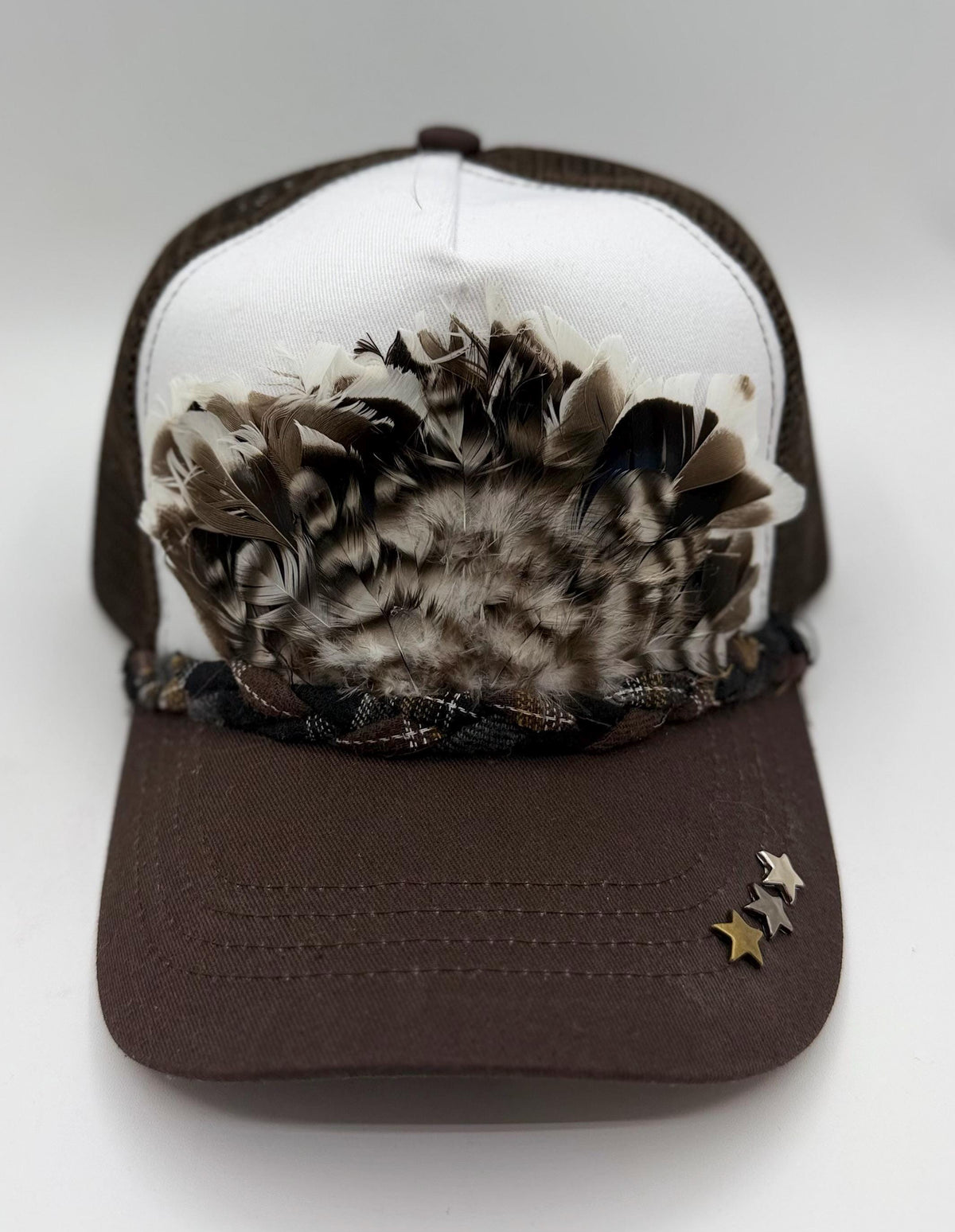 Handmade Feather Trucker Hat with Jeweled Accents, Statement Cap, Adjustable Mesh Hat