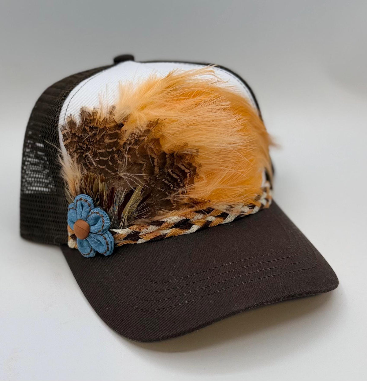 Handmade Feather Trucker Hat with Jeweled Accents, Statement Cap, Adjustable Mesh Hat
