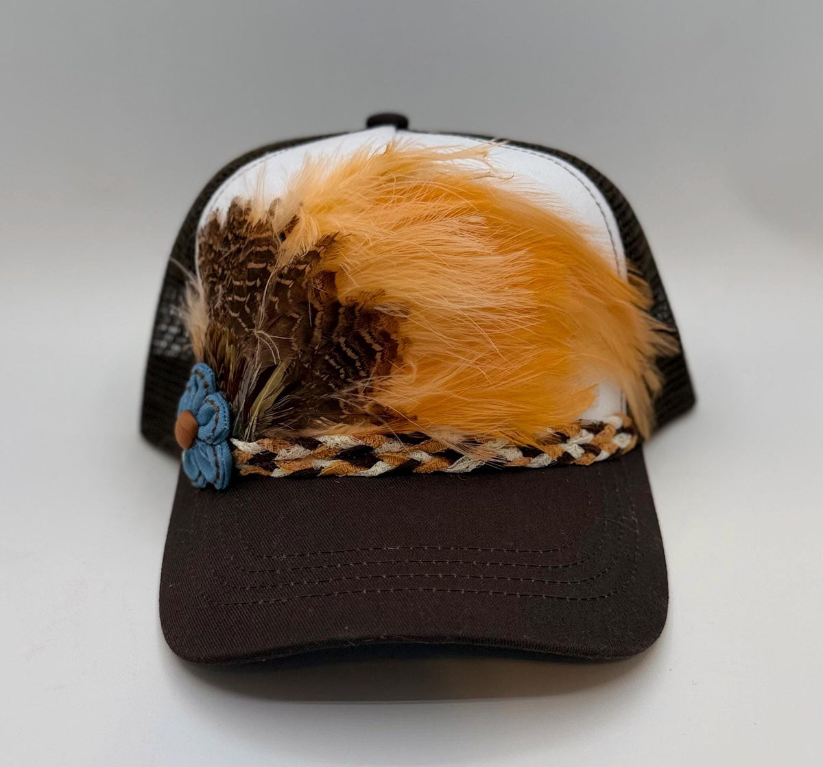 Handmade Feather Trucker Hat with Jeweled Accents, Statement Cap, Adjustable Mesh Hat