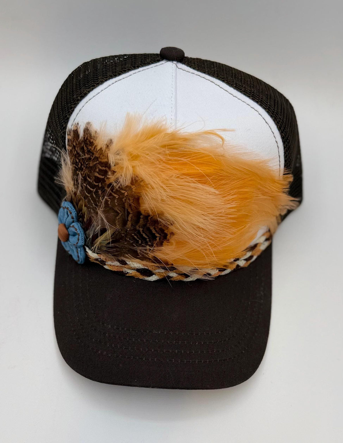 Handmade Feather Trucker Hat with Jeweled Accents, Statement Cap, Adjustable Mesh Hat