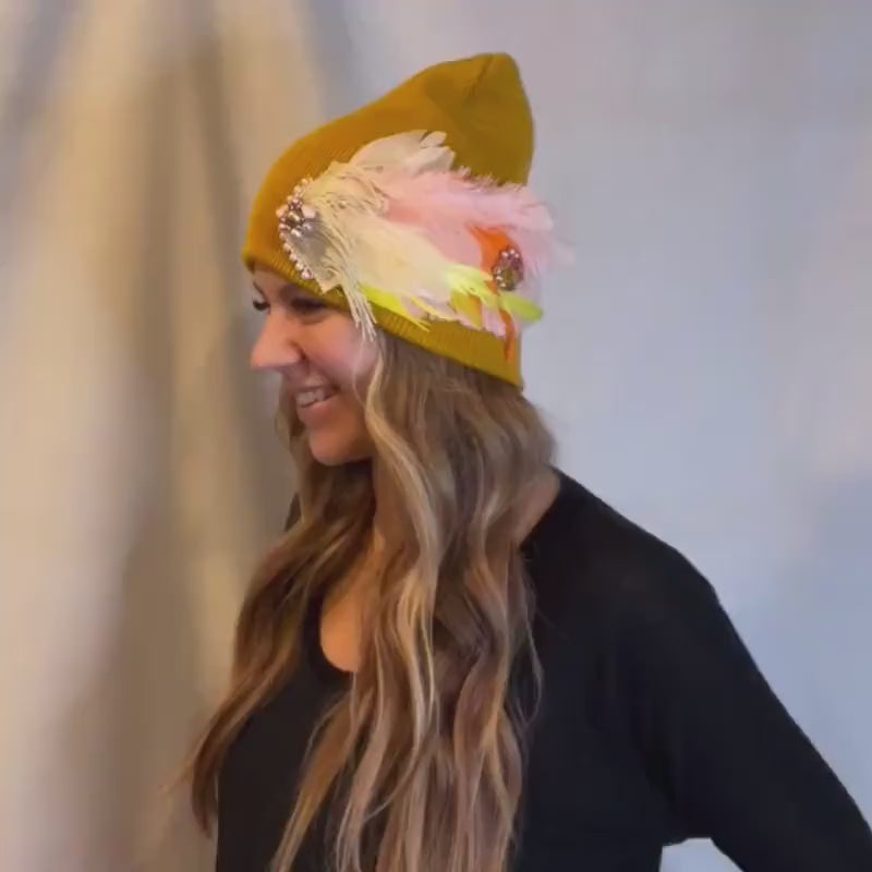Caramel Goddess Embellished Feathered & Vintage Jeweled Knit Hat