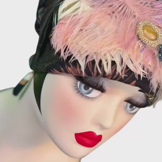 Elegant Roaring 20’s Vibe Feathered Jeweled Hat - Winter Flapper Beanie - Fashionable Skiing Hat