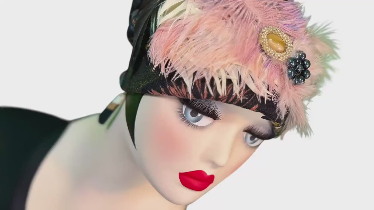 Elegant Roaring 20’s Vibe Feathered Jeweled Hat - Winter Flapper Beanie - Fashionable Skiing Hat