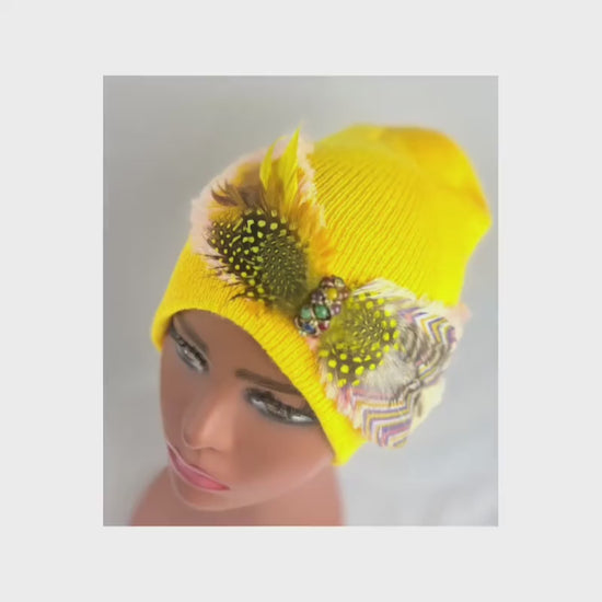 Fancy Feathered Jeweled Knit Hat - Vintage Floral Winter Flapper Beanie - Luxury Skiing Hat