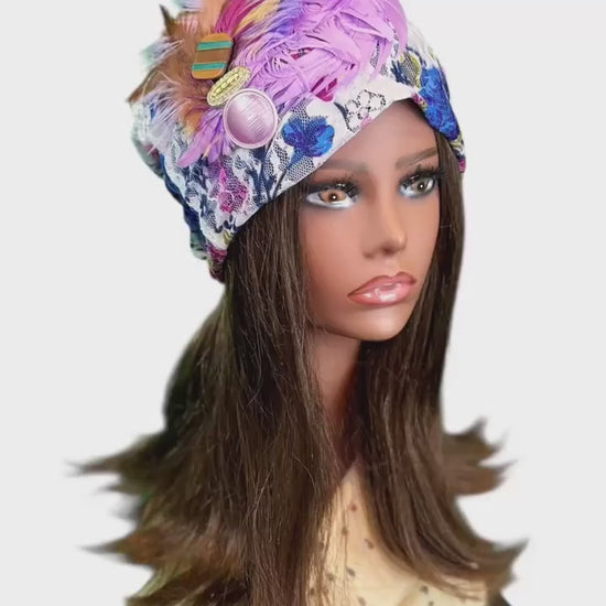 Sunny Sunrise Fancy Embellished Feathered & Vintage Jeweled Floral Beanie Flapper