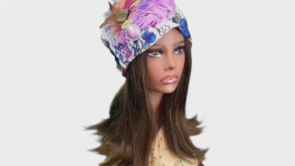 Sunny Sunrise Fancy Embellished Feathered & Vintage Jeweled Floral Beanie Flapper