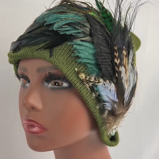 Purple Horizon at Sunset - Unique Sparkly Flapper Beanie - Feathered Winter Knit Hat
