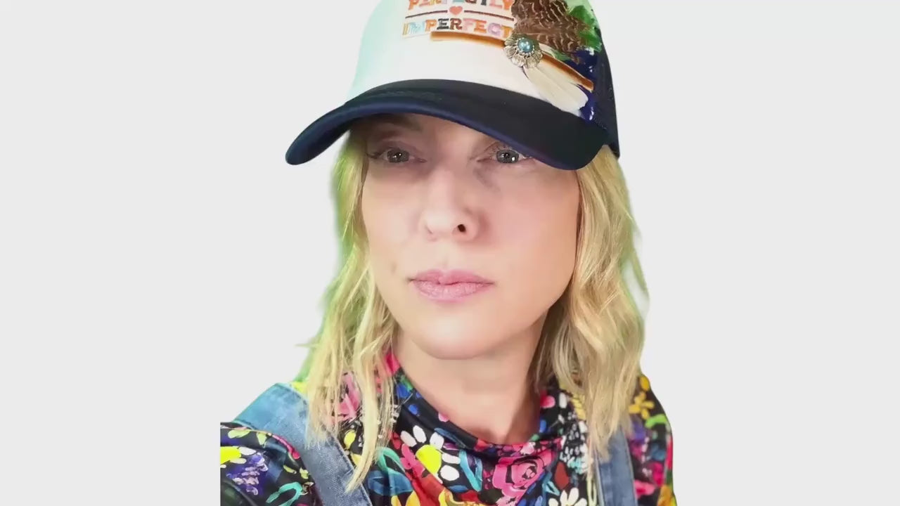 Being Original is “Perfectly Imperfect” Statement Patchwork Feathered & Jeweled Trucker Hat
